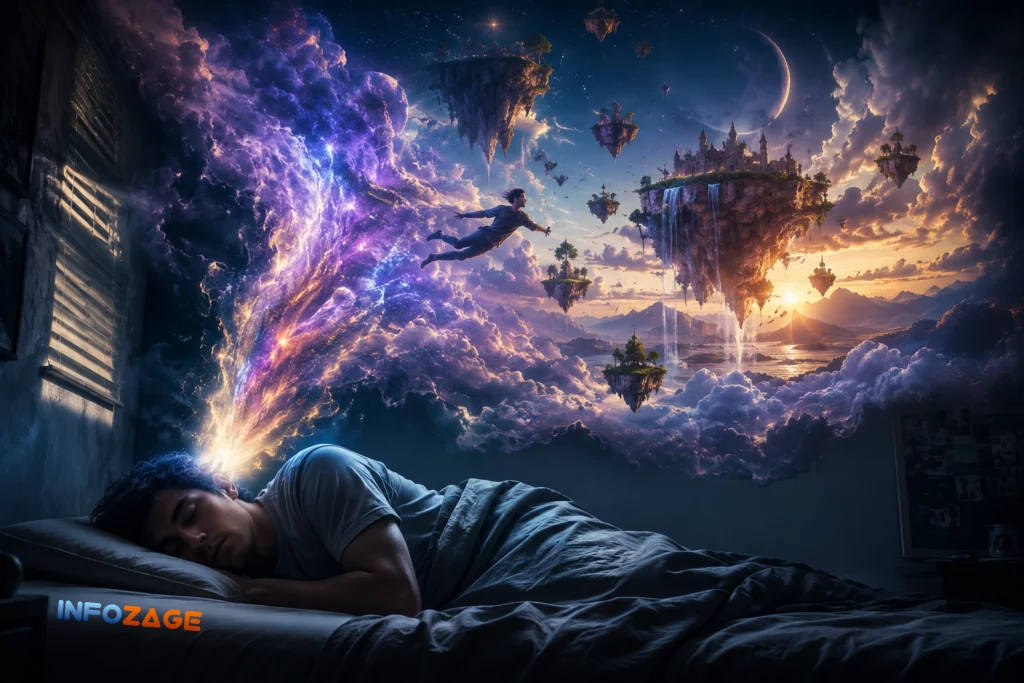 An artistic illustration showing why do we dream and the mystery of sleep.